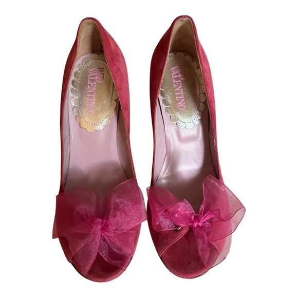 {RED} VALENTINO Pink Suede Open Toe Heels Pumps with Sheer Bow - Picture 4 of 10